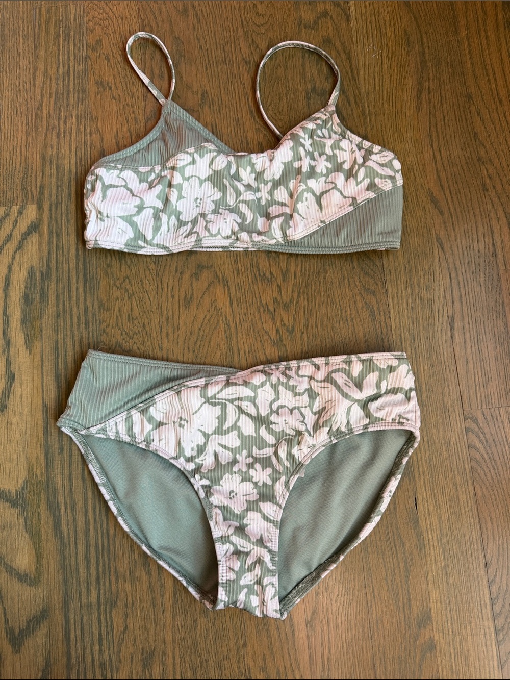 abercrombie kids Olive Green and Light Pink Floral Ribbed Bikini
